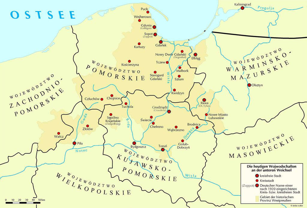 Die heutigen Woiwodschaften an der unteren Weichsel – und die Kontur der früheren Provinz